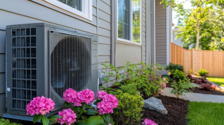 Outdoor air conditioner unit in residential backyard with flowers and landscaping